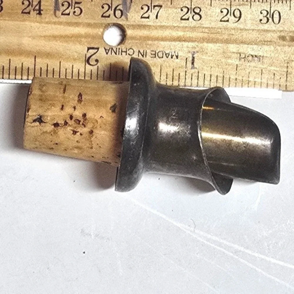 Vintage Metal Wine Pourer with Natural Cork Base Silver Tone Barware Accessory